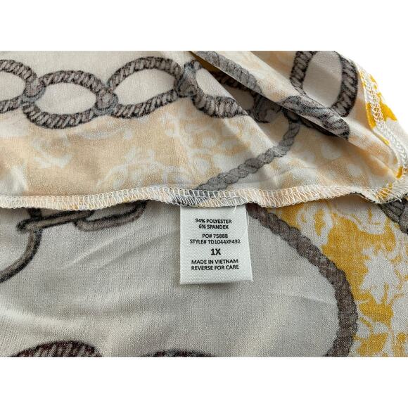 Timing Womens 1X Yellow White Blouse Chain Print Button Up Long Sleeve Top - Picture 7 of 11